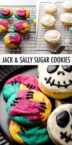 jack and sally sugar cookies on a cooling rack with the words jack and salty sugar cookies