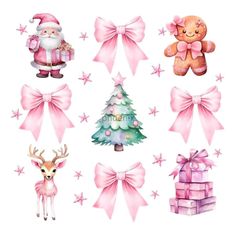 watercolor christmas stickers with pink bows and santa's helper, deer, tree, teddy bear