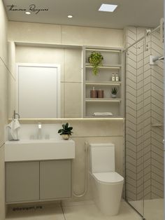 a bathroom with a white toilet sitting next to a sink under a mirror and shelves