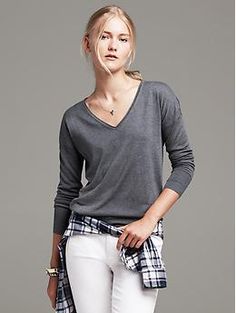 Drop-Shoulder Pullover | Banana Republic(Basic) Chic Tops With Ribbed Cuffs, Casual Ribbed V-neck Long Sleeve Top, Trendy Ribbed V-neck Long Sleeve Top, Ribbed V-neck Top For Fall, Trendy Fall V-neck Long Sleeve Top, V-neck Knit Top With Ribbed Neckline For Work, V-neck Knit Top With Ribbed Neckline, V-neck Ribbed Neckline Knit Top For Work, Chic Tops For Layering With Ribbed Cuffs