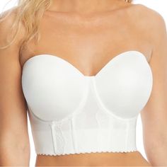 7a Look Your Best In This Strapless Longline T-Shirt Bra Seamless, Foam-Lined Underwire Cups For Shape Gripper Lining Along Edge Of Cup & Band To Stay In Place Supportive Boning For Extra Support With Lace Detailing 4 Column, 7 Row Hook & Eye Closure; Increases With Size Smooth Stretch Microfiber Style Number P50116 Content Body: 84% Nylon, 16% Elastane. Fitted Strapless Bra Partially Lined, Fitted Partially Lined Strapless Bra, Wedding Bra With Removable Cups, White Bra With Removable Cups, White Padded Bandeau Bra, Elegant White Bandeau Bra, White Bandeau Intimate With Medium Bust Support, Elegant White Strapless Bra, Red And Black Corset