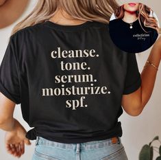 This personalized "esthetician" name tee features the essential steps in skincare and would make the perfect gift for estheticians! Want this in a sweatshirt instead? You can find it here: https://www.etsy.com/listing/1540185293 * HOW TO ORDER * 1. Look through the photos at the different colors and the sizing chart (all shirts & sweatshirts are unisex sizing) 2. Select the size and color you want from the drop down menus. 3. Choose the quantity you want in that size and color. 4. If applicable, add your custom wording under the "personalization" tab. 5. Click "add to cart" then you can go back and add different colors and sizes the same way if wanted. 6. Click "proceed to check out" 7. Wait for your new favorite shirt or sweatshirt to come in and enjoy! * BELLA CANVAS 3001 SHIRT MATERIALS Esthetician Shirts, Esthetician Apparel, Esthetician Gifts, Medical Aesthetician, Skin Therapist, Hoodie Ideas, Tshirt Custom, Merch Ideas, Wild Beauty