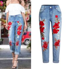 Red Denim Jeans, Elastic Jeans, Torn Jeans, Streetwear Mode, Elegant Embroidery, All Jeans, Mode Chic, Long Jeans, Loose Jeans