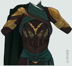 a drawing of a woman's corset with gold and green trims