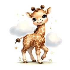 a baby giraffe standing in the grass with clouds and stars on it's back