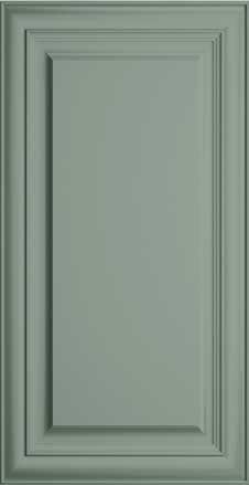 an image of a kitchen cabinet door in green color with white trimming and molding