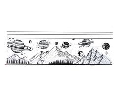 a drawing of planets and mountains with trees in the foreground, on a white background