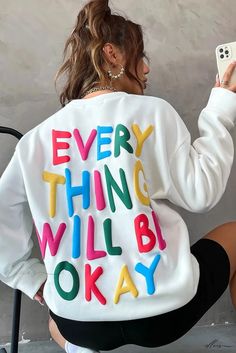 Elluis - Positive Vibe Only White Colorful Letter Sweat Everything Will Be Okay, Lisa Fischer, Baby Boy Jackets, Letter Sweatshirt, Blue Sequin Dress, Dropped Shoulder Sweatshirt, Letter Print Sweatshirt, Be Okay