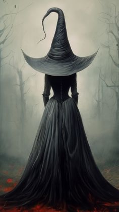 a woman in a long black dress with a hat on her head