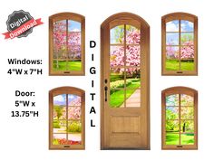 three open doors with the measurements for each door in front of them and an image of a flowering tree outside