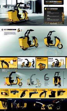 a yellow scooter is shown in several different positions, including the front and back