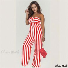 Olivia Mark - Professional Attire: Striped Camisole Jumpsuit with Broad Leg and Tie-up Detail in Standard Size Bandeau Jumpsuit, Halter Neck Jumpsuit, Cami Jumpsuit, Stylish Jumpsuit, Halter Jumpsuit, Short Sleeve Jumpsuits, Professional Attire, Striped Jumpsuit, Long Sleeve Short Dress