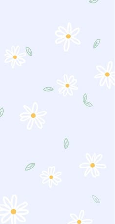 a blue background with white daisies and leaves