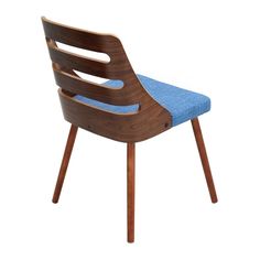 a wooden chair with a blue seat pad on it's back and wood legs