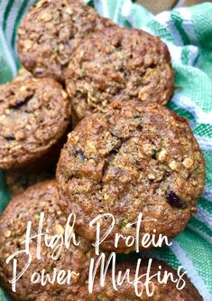 high protein power muffins on a green and white towel with text overlay