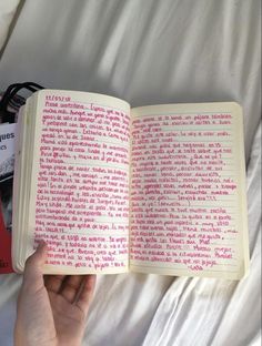 a hand holding an open book with pink writing on the pages and in front of it