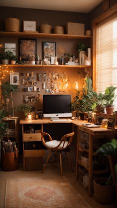 a home office with lots of plants and lights