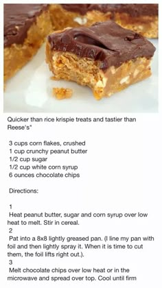 a recipe for peanut butter bars with chocolate frosting on top and an image of the ingredients