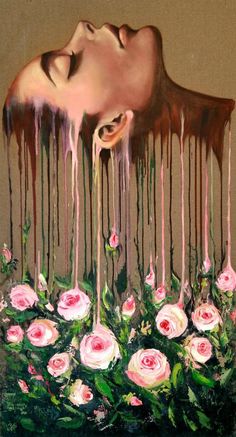 a painting of a woman's face with dripping paint on it and pink roses in the foreground