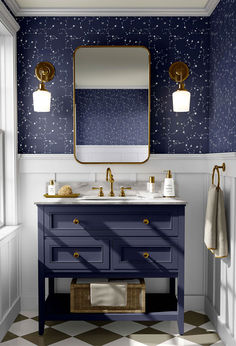 Bring the beauty of the night sky into your home with our luxe peel and stick wallpaper.

All Katie Kime Wallpaper is printed in-house and on-demand on PVC-free paper with eco-friendly inks. #navy #blue #wallpaperinspo #bathroominspo