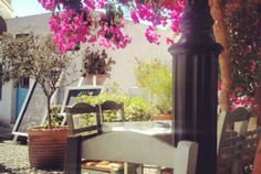 a table and chairs sitting on the side of a road with pink flowers hanging over it