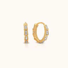 CZ Bamboo Hoop Earrings Cubic Zirconia Square CZ Baguette Gold Huggie Hoops by Doviana Cubic Zirconia Huggie Earrings With Baguette Diamonds As Gift, Huggie Earrings With Baguette Diamonds For Gift, Small Hoop Earrings With Baguette Diamonds For Gift, Gift Huggie Earrings With Baguette Diamonds, Gold Hoop Earrings With Baguette Diamonds For Everyday, Baguette Diamond Hoop Earrings As Gift, Gold Hoop Earrings With Baguette Diamonds For Gifts, Everyday Huggie Hoop Earrings With Baguette Diamonds, Minimalist Gold Hoop Earrings With Baguette Diamonds