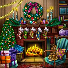 a christmas fireplace with stockings and stockings on it