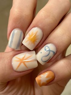 Neutral Funky Nails, Sardine Nail Art, Cmbyn Nails, Simple Beachy Nails, Sardine Nails, Goldfish Nails, Blue Yellow Nails, Yellow Nails Short, Painted Nail Designs