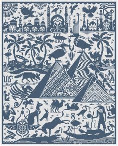 a blue and white cross stitch pattern with an image of people, animals, and trees