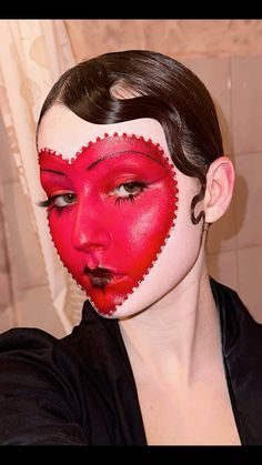 Chicago The Musical Makeup, Heart Mask Makeup, Heart Face Clown Makeup, Halloween Makeup Queen Of Hearts, Heart Halloween Makeup, Queen Of Hearts Inspired Makeup, Playing Card Makeup, Heart Face Makeup Look, Clown Heart Makeup