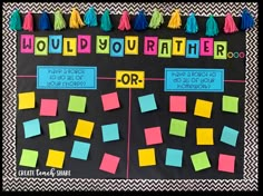 a bulletin board with post - it notes and tassels on it that says, would you rather do?