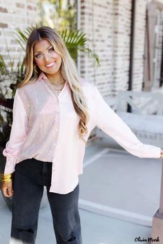 Olivia Mark - Sequin Embellished Long Sleeve Shirt with Stylish Contrast Glamorous Button-up Top For Night Out, Sequin Button-up Tops For Night Out, Spring Long Sleeve Embellished Shirt, Glamorous Button-up Tops For Fall, Fitted Sequin Button-up Top, Spring Embellished Button-up Blouse, Glamorous Spring Button-up Blouse, Chic Spring Tops With Contrast Sequin, Long Sleeve Sequin Shirt For Spring