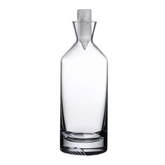 an empty glass bottle with a silver cap on the top and bottom, sitting in front of a white background