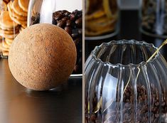 there are two different pictures one has a vase and the other has nuts in it