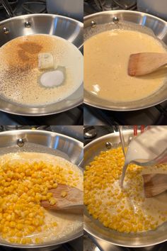 three pans filled with food cooking on top of a stove next to each other