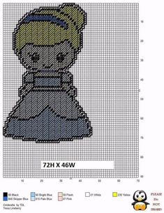 a cross stitch pattern with the image of a woman's head in blue and yellow