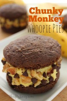 there is a chocolate cookie and banana sandwich on the plate with words chunk monkey whoope pies