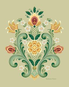 an ornate design with flowers and leaves on a light green background, in the style of art nouveauism