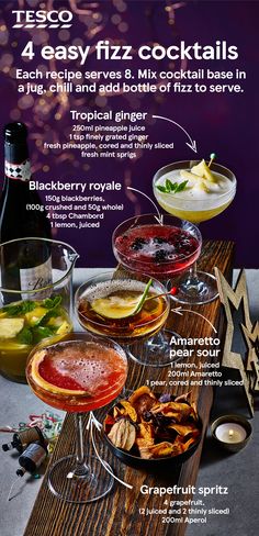 the cocktail menu is shown with different types of drinks in glasses and on top of each other