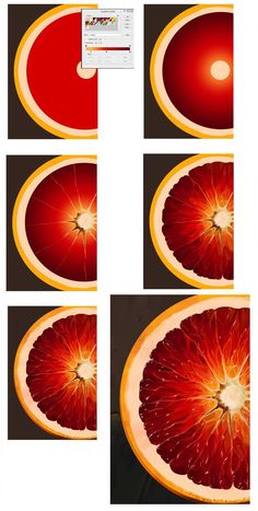 the cut up grapefruit is shown in four different stages