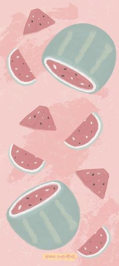 watermelon slices floating in the air on a pink background