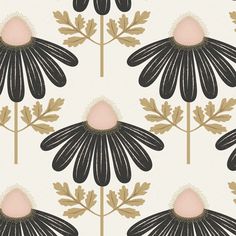 black and gold flowers with leaves on a white background seamless wallpaper or fabric