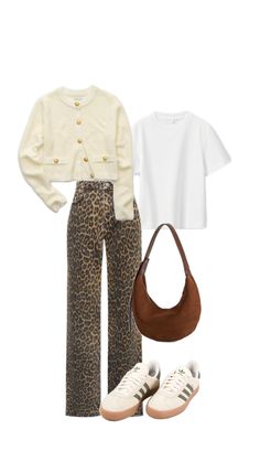 Leopard print pants, animal print, cream sweater, Sambae, adidas, cute outfit, work outfit Print Pants Outfit, Leopard Print Pants Outfit, Cream Pants Outfit, Printed Pants Outfits, Denim Heels, Outfit Work, Leopard Print Pants, Print Pants, Cream Sweater