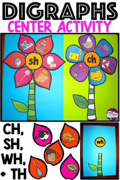 a poster with the words diggraphs center activity on it and pictures of flowers