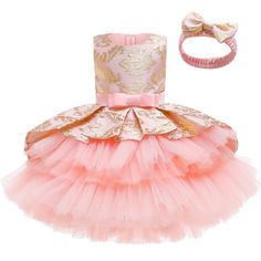 This Layered Tutu Wedding Flower Girl Dress and Headband Set is a great choice for any little girl's party or other upcoming events. Its soft fabric and lovely design will go perfectly for birthday fashion or wedding flower girl outfits. Features: 2 Pcs set: Dress and matching headband. Detailed golden embroidery pattern design on top. Layering puffy ruffle skirt design. Knee-length dress. Ribbon belt accent. Zipper lock style. Lightweight and comfortable to wear. Recommended for wedding flower Spring Pageant Princess Dress With Bow, Fitted Princess Dress With Bow For Dress-up, Spring Wedding Princess Dress With Bow, Princess Baptism Dress With Bow, Princess Style Baptism Dress With Bow For Formal Occasions, Fitted Princess Style Baptism Dress For Party, Summer Pageant Princess Dress With Bow, Cute Wedding Tutu Dress With Bow, Fitted Princess Dress With Bow