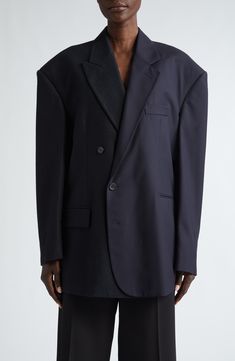 Balenciaga's bent for the bold shines through the powerfully proportioned shoulders and slightly off-center closure of a rich wool blazer crafted in Italy. 30" length (size 2) Asymmetric button closure Notched lapels Four-button cuffs Front welt pockets; front flap pocket Lined 100% wool Dry clean Made in Italy Designer Clothing Oversized Blazer Men Outfit, Oversized Blazer Men, Blazer Drawing, Blazer Men Outfit, Balenciaga Blazer, Boxy Blazer, Summer Wardrobe Essentials, Sports Blazer, Baby Boy Shoes