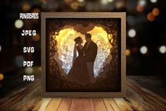 the silhouettes of two people are in front of a wooden frame with an ornate background