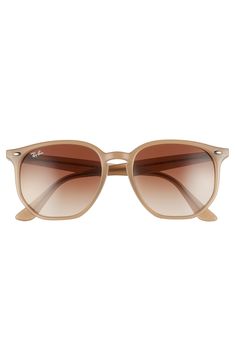 A retro-cool frame featuring a smart keyhole bridge distinguishes stylish Italian sunglasses fitted with gradient lenses. 54mm lens width; 19mm bridge width; 145mm temple length 100% UV protection Gradient plastic lenses Nylon Made in Italy Ray-Ban style number: RB4306 Womens Ray Ban Sunglasses, Beige Wayfarer Sunglasses With Gradient Lenses, Beige Sunglasses, Italian Sunglasses, Brown Gradient, Ray Ban Sunglasses, Beige Brown, Ray Ban, Uv Protection