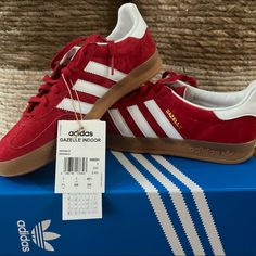 Brand New With Box And Tags. Mens 9, Womens 10.5. Never Worn, Just Tried On Once! Ordered Wrong Size By Mistake. Ordered My True Size And They Fit And Look Amazing! Red Suede Sneakers With Leather Sole, Adidas Gazelle Red, Adidas Black Sneakers, Adidas Gazelle Indoor, Indoor Shoes, Shoe Wishlist, Hype Shoes, Shoe Inspo, Swag Shoes