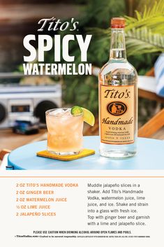 Recipe. On a recipe card is a photo of a Tito's Spicy Watermelon cocktail garnished with a lemon and jalapeño slice next to a Tito's Handmade Vodka bottle. At the bottom of the recipe card are the instructions for the Tito's Spicy Watermelon cocktail. Please use caution when drinking alcohol around open flames and pools. Spicy Watermelon, Handle The Heat, Boozy Drinks, Mixed Drinks Recipes, Vodka Drinks, Watermelon Juice, Cocktail Drinks Recipes, Alcohol Drink Recipes